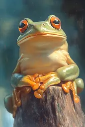 Midjourney generated image using SREF code Mythic Enchantement: A painting of a frog sitting on a tree stump.