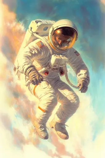 Midjourney generated image using SREF code Mythic Enchantement: A painting of an astronaut floating in the sky.