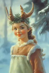 Midjourney generated image using SREF code Mythic Enchantement: A painting of a young girl wearing a deer headdress.