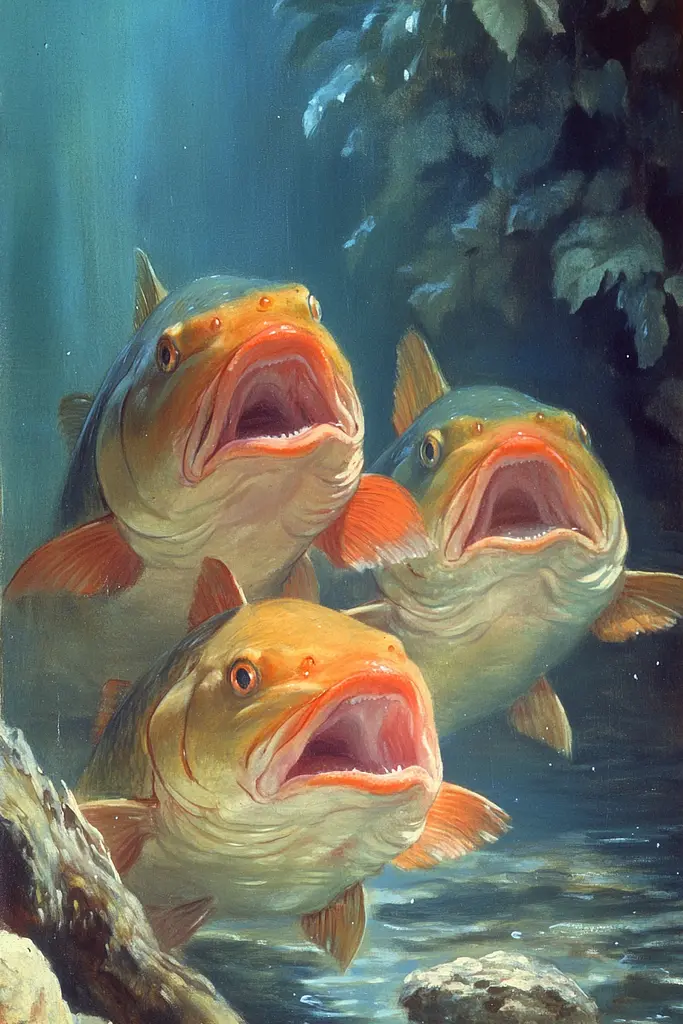 Midjourney generated image using SREF code Mythic Enchantement: A painting of three large fish with their mouths open.