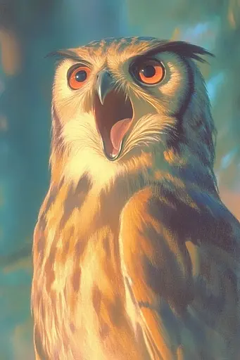 Midjourney generated image using SREF code Mythic Enchantement: A painting of an owl with its mouth open.