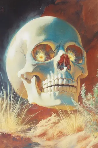 Midjourney generated image using SREF code Mythic Enchantement: A painting of a human skull in the desert.