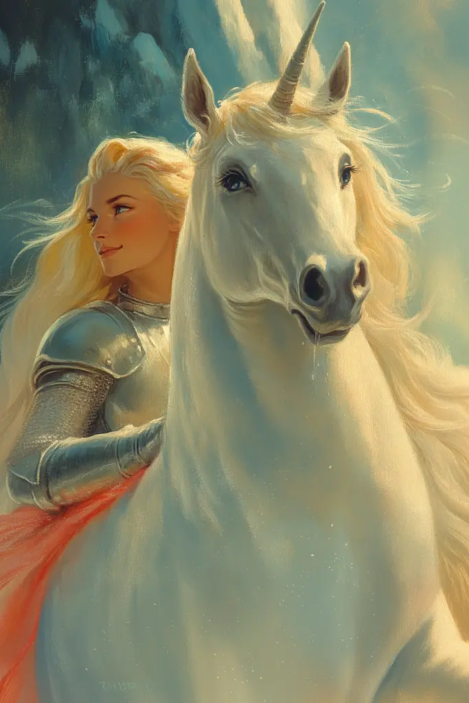 Midjourney generated image using SREF code Mythic Enchantement: A woman in armor riding on the back of a white unicorn.