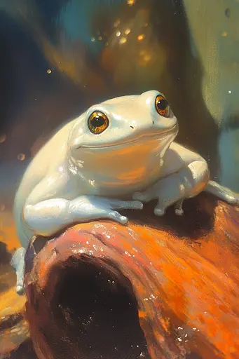 Midjourney generated image using SREF code Mythic Enchantement: A painting of a white frog sitting on a tree branch.