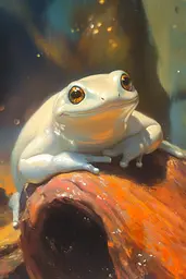 Midjourney generated image using SREF code Mythic Enchantement: A painting of a white frog sitting on a tree branch.