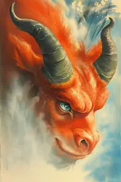 Midjourney generated image using SREF code Mythic Enchantement: A painting of a red devil with blue eyes.