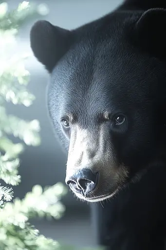 Midjourney generated image using SREF code Luminal Gaze: A close up of a black bear looking at the camera.