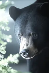 Midjourney generated image using SREF code Luminal Gaze: A close up of a black bear looking at the camera.