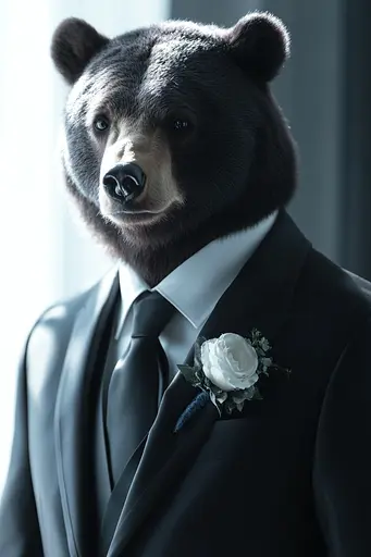 Midjourney generated image using SREF code Luminal Gaze: A bear wearing a suit and tie with a boutonniere.