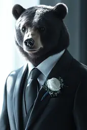 Midjourney generated image using SREF code Luminal Gaze: A bear wearing a suit and tie with a boutonniere.