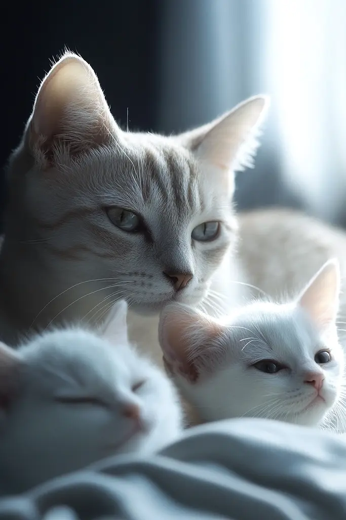 Midjourney generated image using SREF code Luminal Gaze: A group of white cats laying on top of a bed.