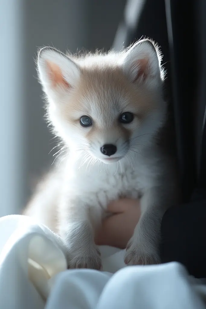 Midjourney generated image using SREF code Luminal Gaze: A small white fox cub sitting on top of a bed.