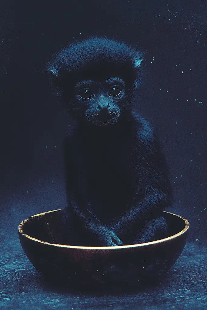 Midjourney generated image using SREF code Eternal Twilight: A baby monkey sitting in a bowl on a table.