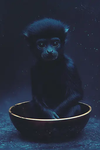 Midjourney generated image using SREF code Eternal Twilight: A baby monkey sitting in a bowl on a table.