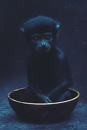 Midjourney generated image using SREF code Eternal Twilight: A baby monkey sitting in a bowl on a table.