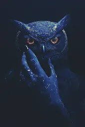 Midjourney generated image using SREF code Eternal Twilight: an owl with red eyes sitting in the dark