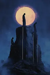 Midjourney generated image using SREF code Eternal Twilight: A man standing on top of a mountain with a full moon in the background.