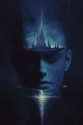 Midjourney generated image using SREF code Eternal Twilight: A woman's face is reflected in the water with a castle in the background.