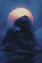 Midjourney generated image using SREF code Eternal Twilight: A couple of skulls sitting on top of a rock in the ocean.