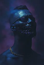 Midjourney generated image using SREF code Eternal Twilight: A man with a skull on his face and a chain around his neck.