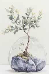 Midjourney generated image using SREF code Arcane Fable: A watercolor painting of a bonsai tree in a glass vase.