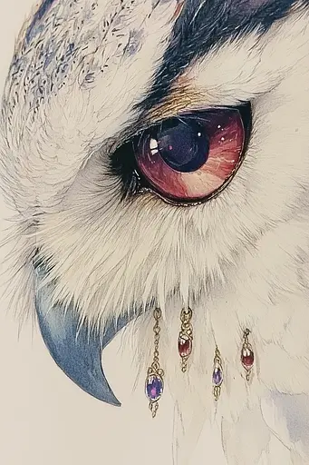 Midjourney generated image using SREF code Arcane Fable: A close up of an owl's eye with earrings on it.