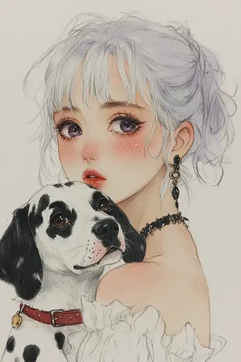 Midjourney generated image using SREF code Arcane Fable: A drawing of a girl holding a dalmatian dog.