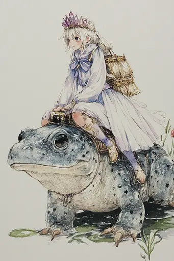 Midjourney generated image using SREF code Arcane Fable: A girl riding on the back of a toad.