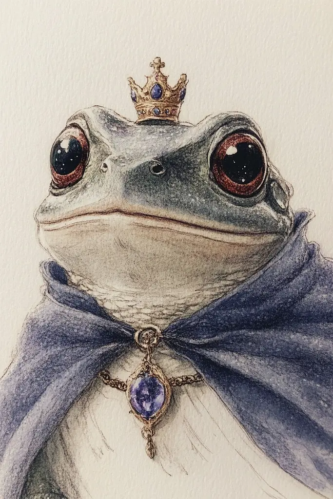 Midjourney generated image using SREF code Arcane Fable: A drawing of a frog wearing a crown and a blue scarf.