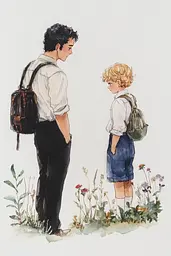 Midjourney generated image using SREF code Arcane Fable: A watercolor painting of a man and a boy standing in a field.