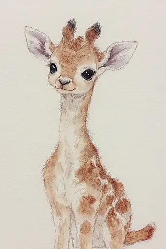 Midjourney generated image using SREF code Arcane Fable: A drawing of a baby giraffe sitting on a white surface.