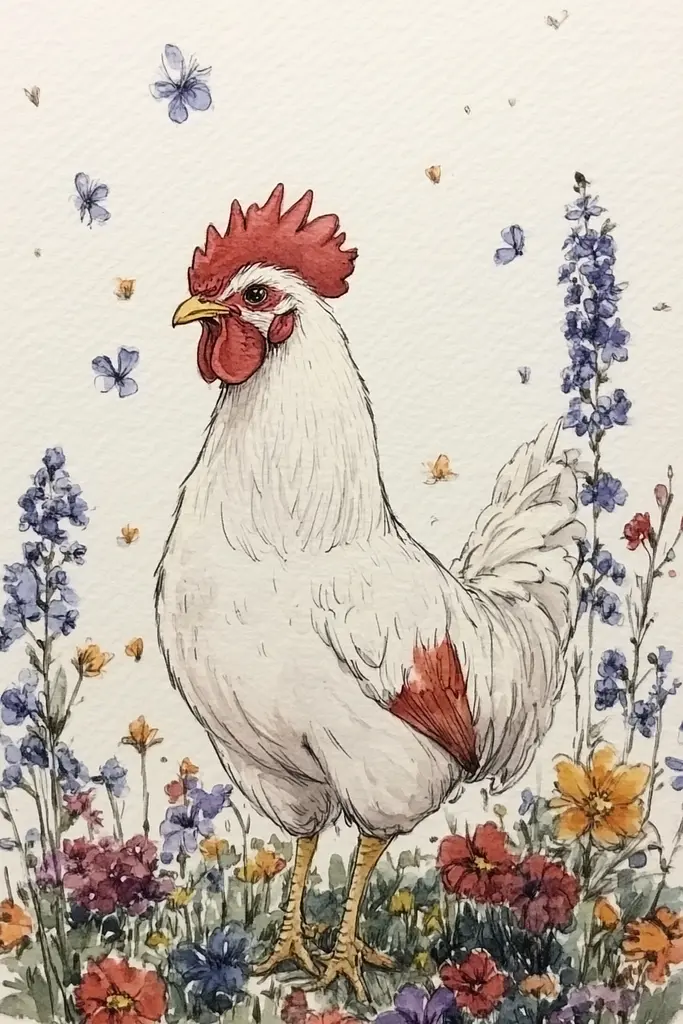 Midjourney generated image using SREF code Arcane Fable: A watercolor painting of a rooster in a field of flowers.