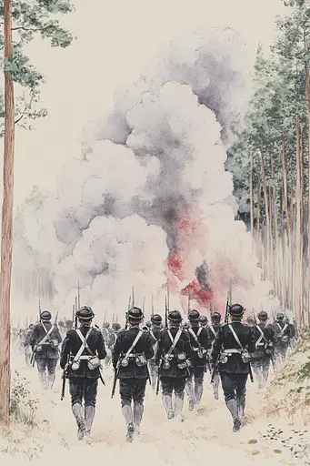 Midjourney generated image using SREF code Arcane Fable: A painting of a group of soldiers marching through a forest.