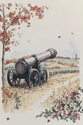 Midjourney generated image using SREF code Arcane Fable: A drawing of a cannon in the middle of a field.