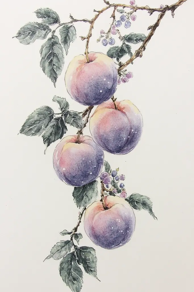 Midjourney generated image using SREF code Arcane Fable: A watercolor painting of three plums hanging from a branch.