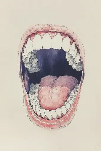 Midjourney generated image using SREF code Arcane Fable: A drawing of a mouth with a tongue sticking out.