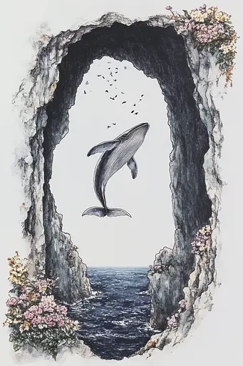 Midjourney generated image using SREF code Arcane Fable: A drawing of a whale jumping out of a cave.