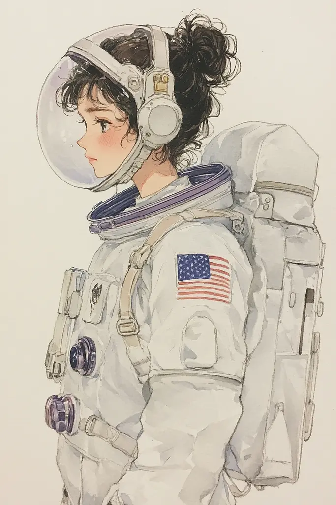 Midjourney generated image using SREF code Arcane Fable: A drawing of a woman in an astronaut suit.