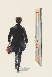 Midjourney generated image using SREF code Arcane Fable: A watercolor painting of a man walking towards a door.