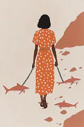 Midjourney generated image using SREF code Sunkissed Motives: A woman walking a dog on a leash with sharks in the background.