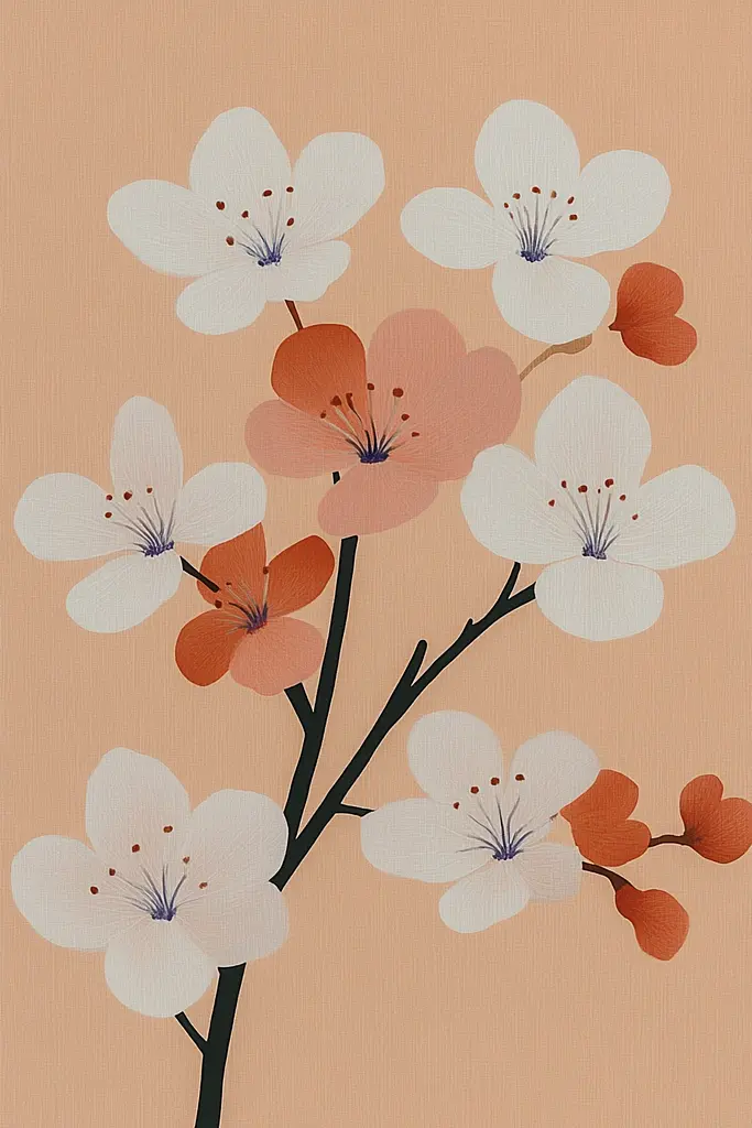 Midjourney generated image using SREF code Sunkissed Motives: A painting of white and orange flowers on a peach background.