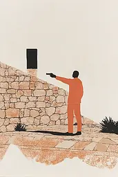 Midjourney generated image using SREF code Sunkissed Motives: A man pointing a gun at a stone wall.