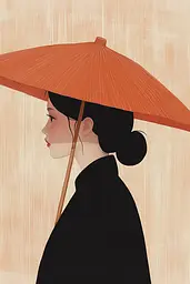 Midjourney generated image using SREF code Sunkissed Motives: A woman in a black kimono holding an orange umbrella.