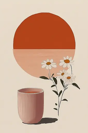 Midjourney generated image using SREF code Sunkissed Motives: A drawing of daisies in a vase with a sunset in the background.