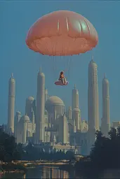 Midjourney generated image using SREF code Dreams of Leia: A person is flying in the air with a parachute.