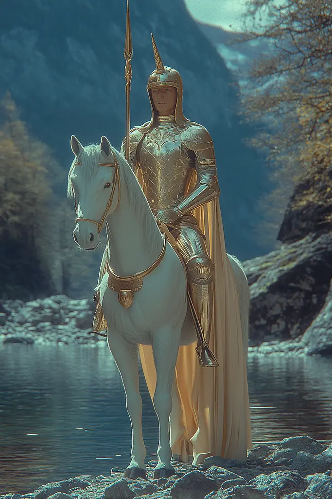 Midjourney generated image using SREF code Dreams of Leia: A man in armor riding on the back of a white horse.