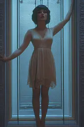 Midjourney generated image using SREF code Dreams of Leia: A woman standing in front of a window with her arms outstretched.