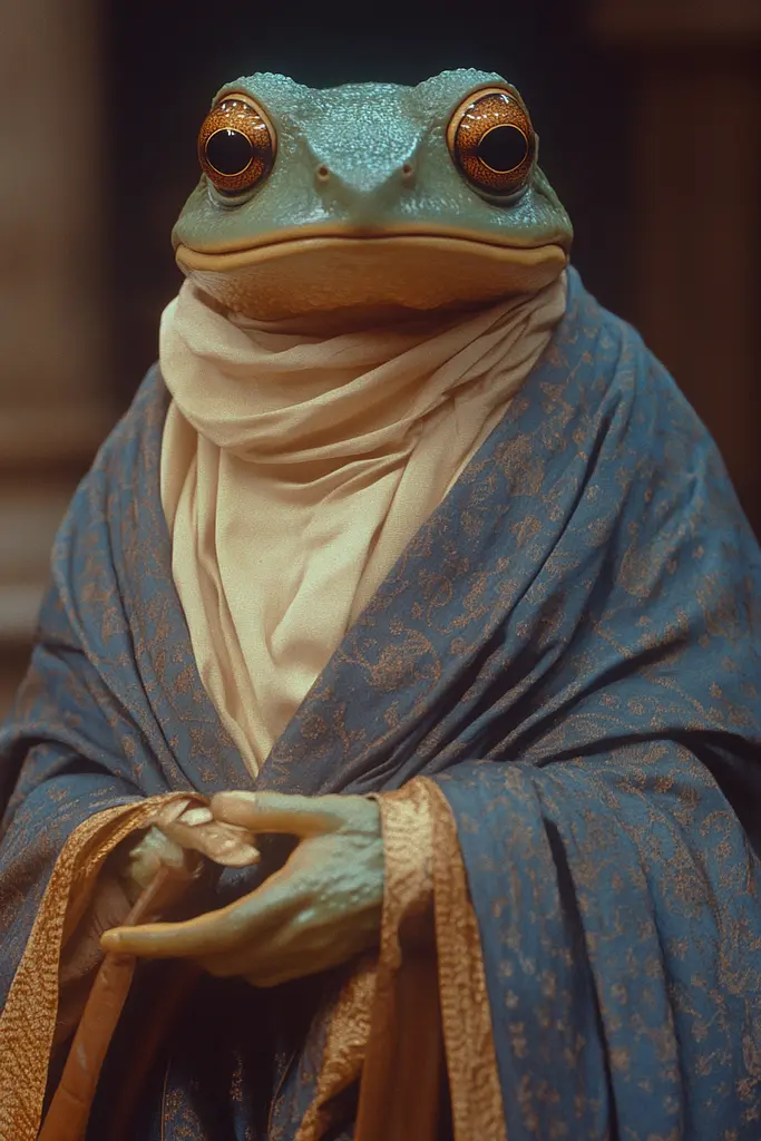 Midjourney generated image using SREF code Dreams of Leia: A frog wearing a blue robe and a white scarf.