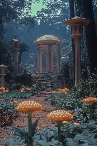 Midjourney generated image using SREF code Dreams of Leia: A gazebo in the middle of a forest filled with mushrooms.