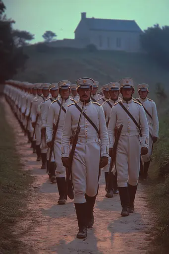 Midjourney generated image using SREF code Dreams of Leia: A group of men in uniform marching down a dirt road.